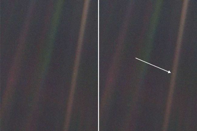 Snímek Bledě modrá tečka (Pale Blue Dot) pořízený sondou Voyager 1. Zdroj: Wikipedia.